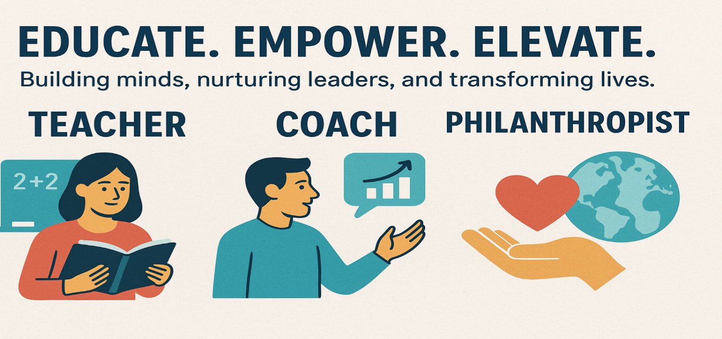 Educate. Empower. Elevate. Building minds, nurturing leaders, and transforming lives. Teacher Coach Philanthropist